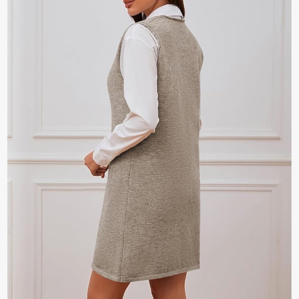 Women's Knitted Solid Sweater Dress V Neck Sleeveless Short with Pockets Brown - Picture 9 of 12